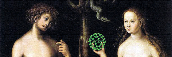 Fotomontage: Adam und Eva von Lucas Cranach dem Älteren mit schematischem Nanopartikel anstatt des Apfels in Evas Hand.