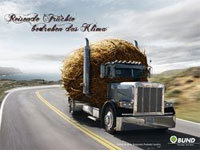 Lastwagen in Form einer Kokosnuss. Überschrift: Reisende Früchte bedrohen das Klima. Unterzeile: Global denken, Regionale Produkte kaufen.